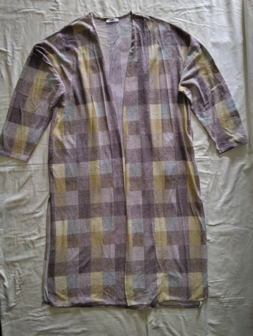 Open-Front Plaid Knit Cardigan in Lavender and Yellow